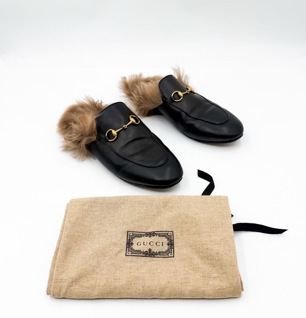 Gucci Princetown Shearling Horsebit Loafer Black Leather Mules EU 38.5 US 8.5